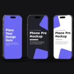 Animated iPhone 16 Pro mockup bundle with three upright smartphones showcasing customizable app design templates