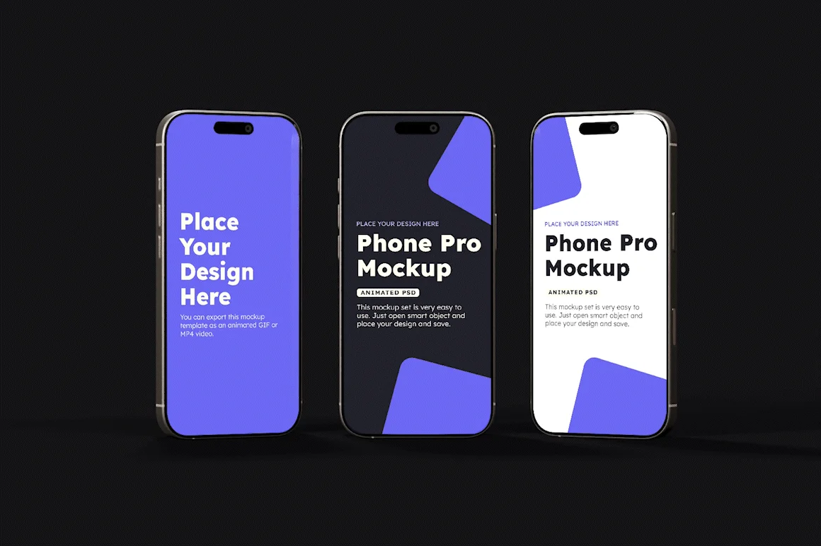 Animated iPhone 16 Pro mockup bundle with three upright smartphones showcasing customizable app design templates