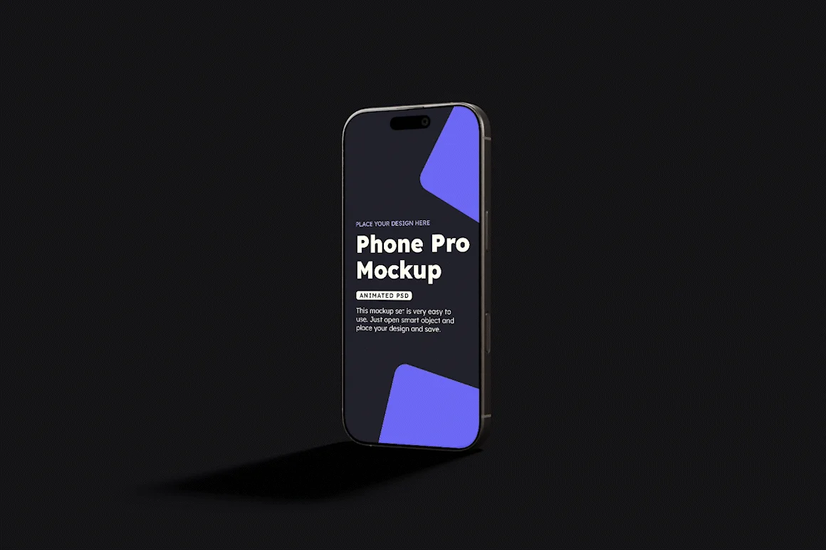 Animated iPhone 16 Pro mockup bundle with upright smartphone template on dark background featuring customizable design screen