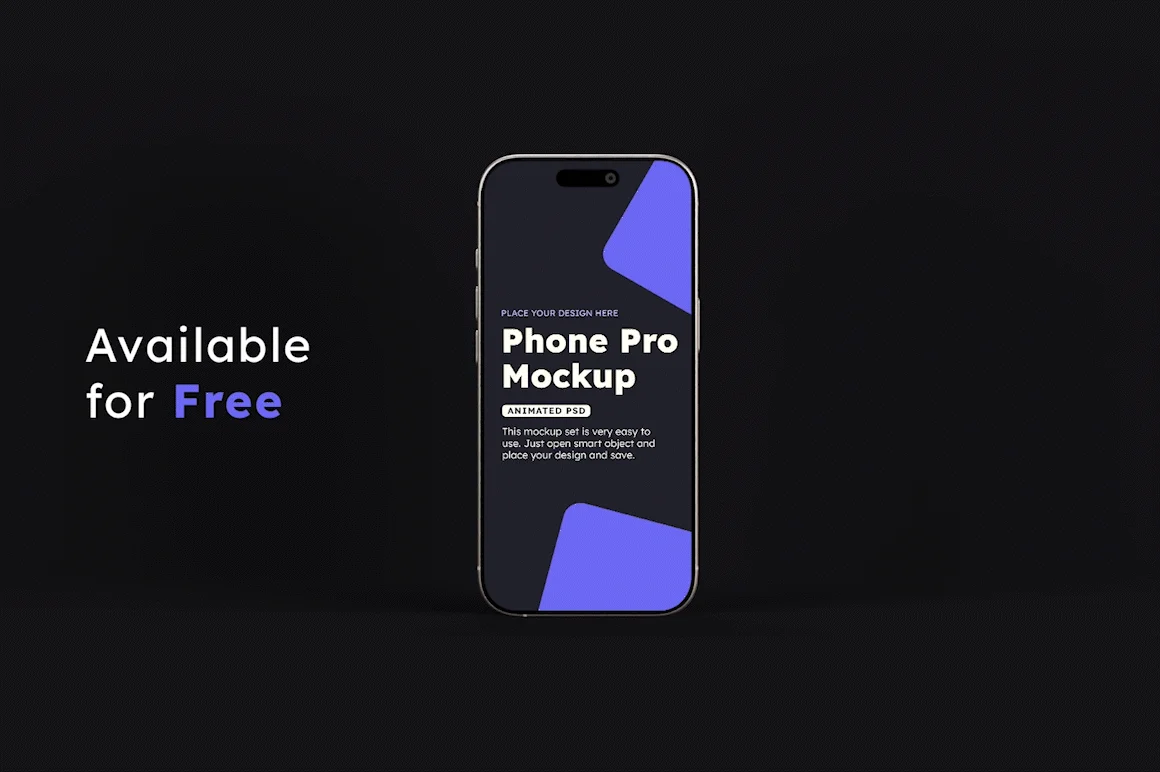 Animated iPhone 16 Pro mockup bundle with smartphone template on dark background featuring free customizable design screen