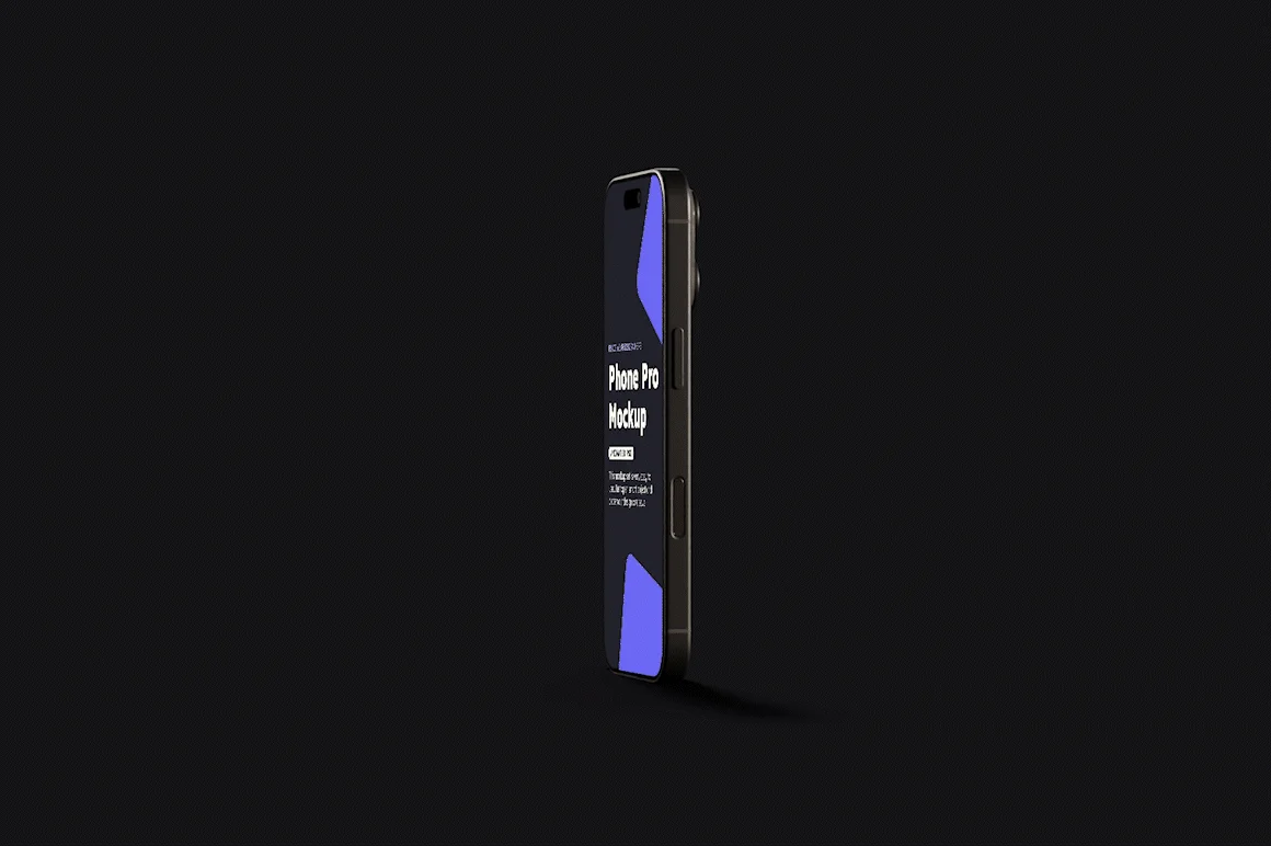 Animated iPhone 16 Pro mockup bundle with upright smartphone template on dark background featuring smart object design