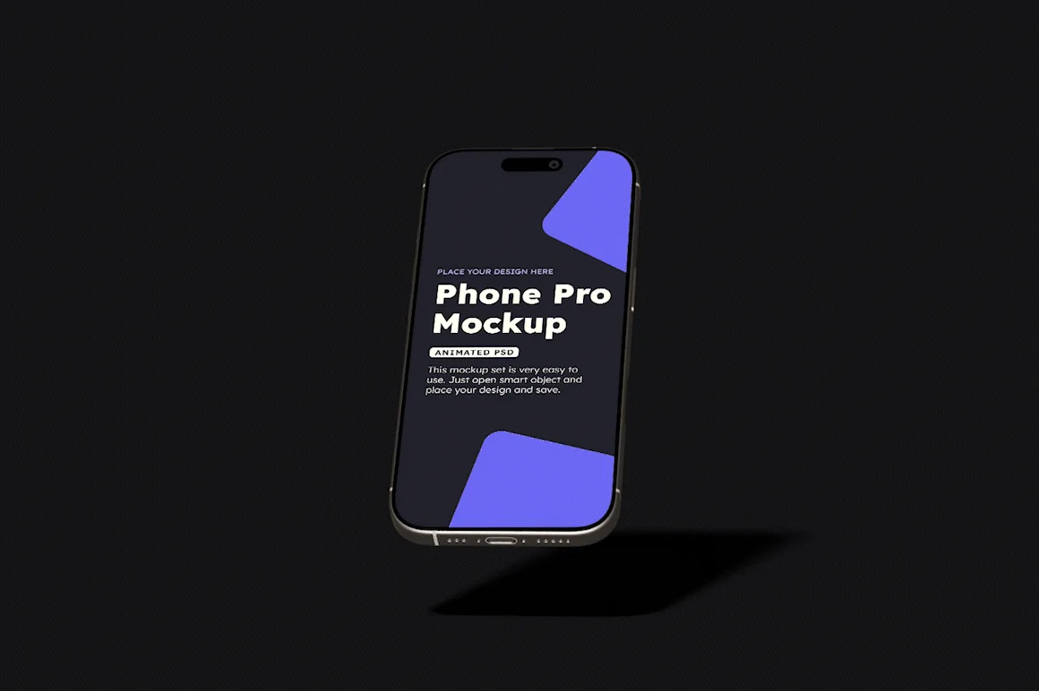 Animated iPhone 16 Pro mockup bundle with smartphone template on dark background featuring smart object PSD design