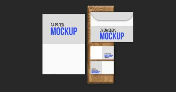 Business Card and A4 Paper with Envelope Mockup