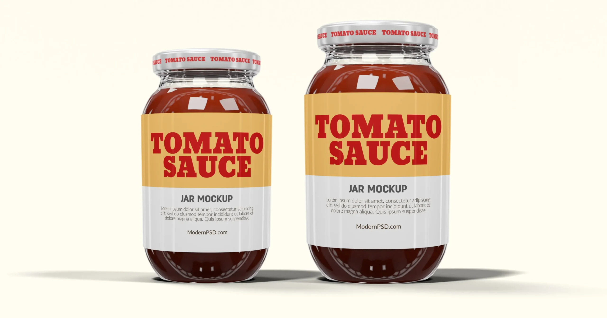 A pair of tomato sauce jars placed side by side, each with a yellow label showing Tomato Sauce Glass Jar Mockup.