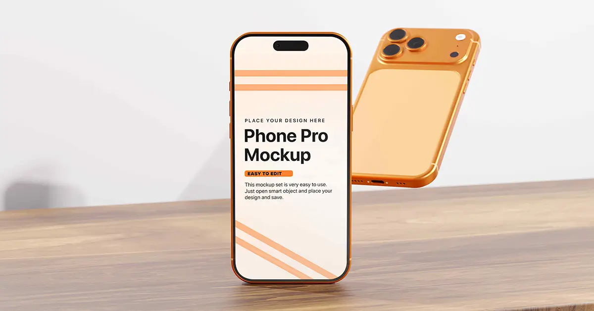 iPhone 17 Pro mockup set with front and back views in metallic orange finish, editable screen for UI design presentation