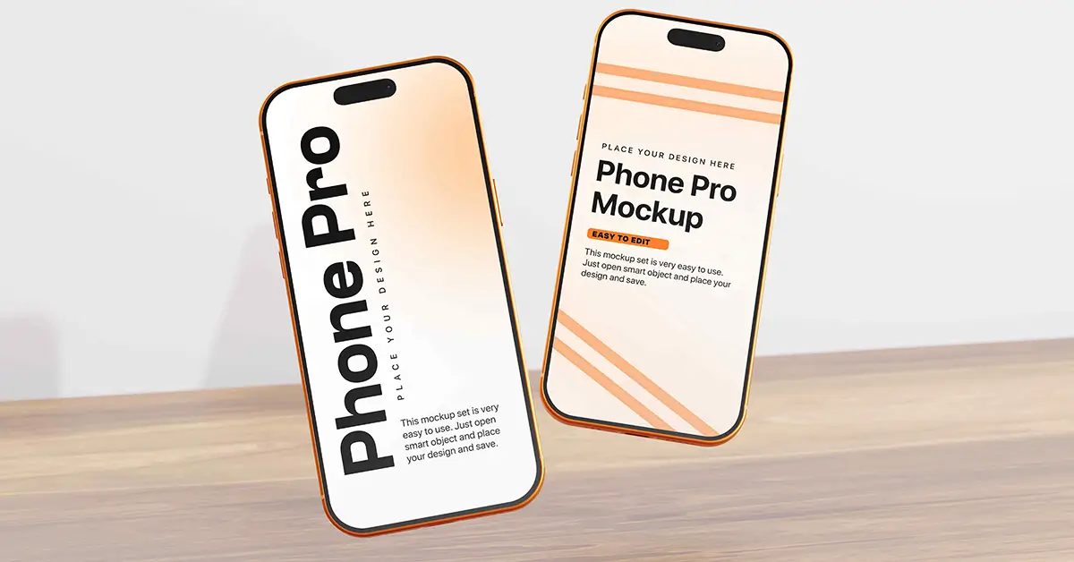 iPhone 17 Pro mockup set with upright smartphones on light wood surface, editable screens for app and UI design
