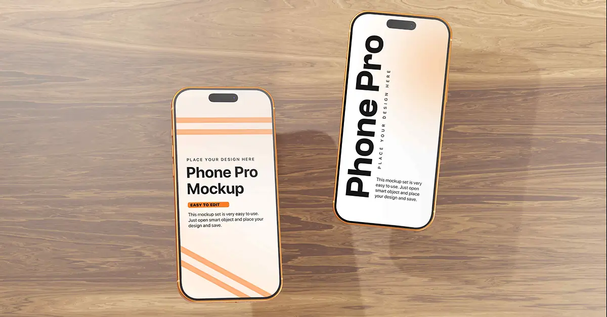 iPhone 17 Pro mockup set with vertical and angled smartphones featuring pill-shaped camera cutouts and editable screens on wood background