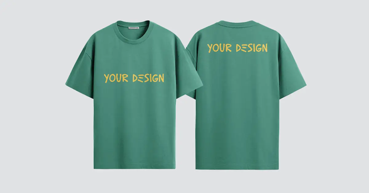 Green t-shirt mockup with 'YOUR DESIGN' text on front and back.