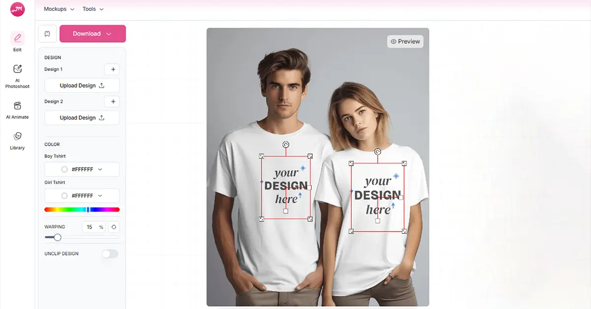 T-shirt design interface with male and female models wearing editable white shirts.