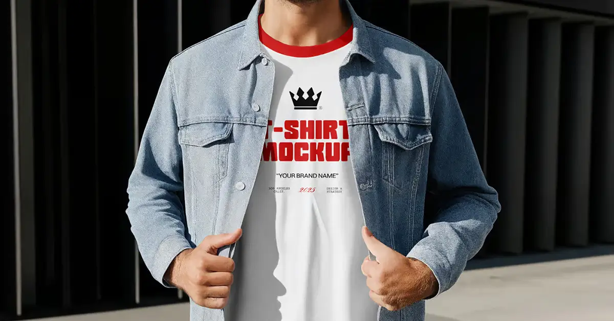 Person revealing white t-shirt mockup with crown graphic and bold branding text.