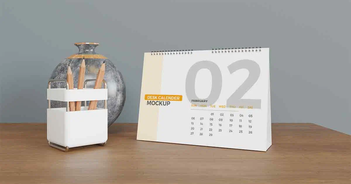 Desk calendar mockup, photo realistic desk calendar design template in PSD format