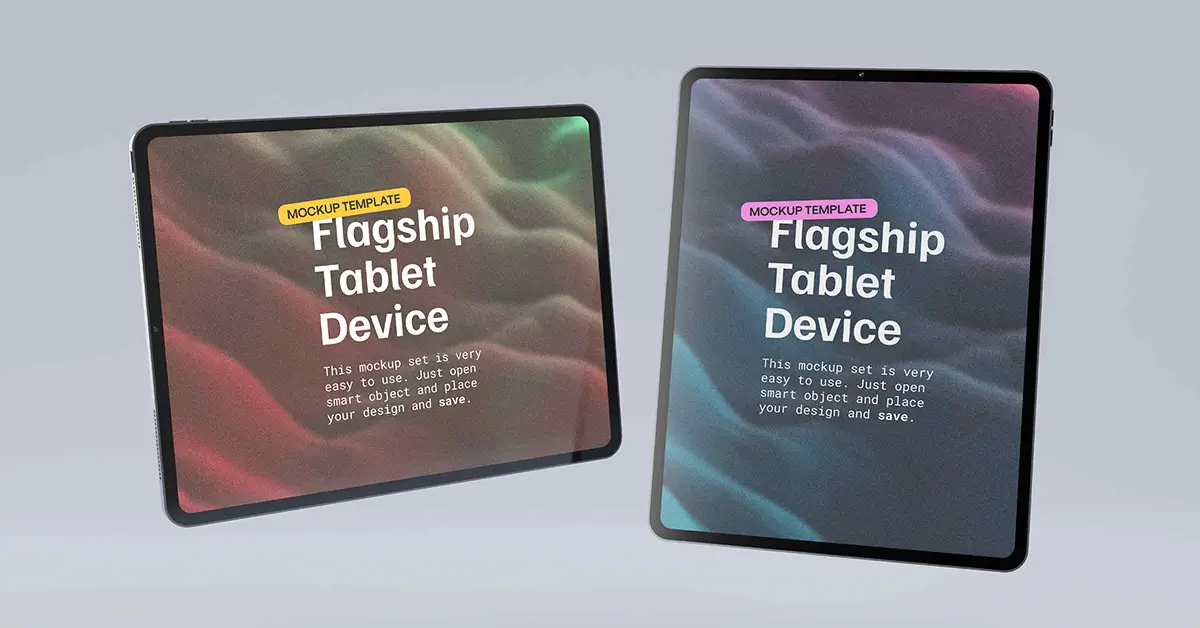 “Floating iPad Pro mockup set featuring 5 PSD templates with customizable smart objects.