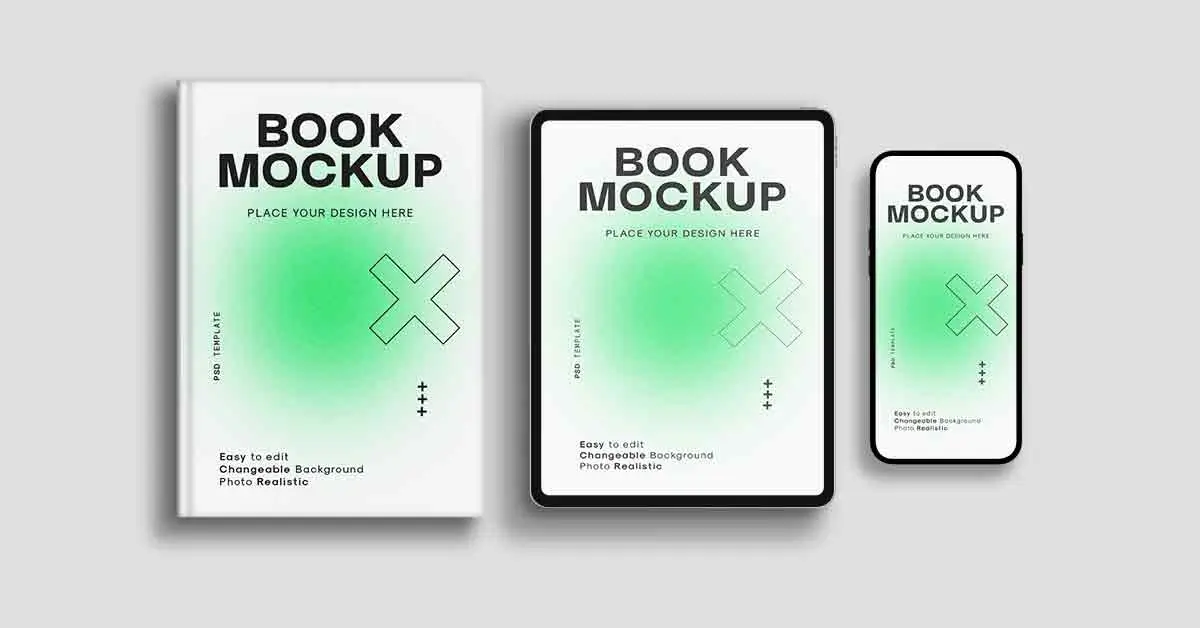 Digital book mockup displayed on tablet and smartphone with green gradient cover design