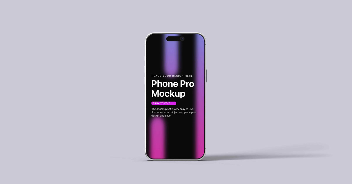 Dawn iPhone 17 Pro Mockup Set smartphone displayed against a light gray background, featuring a gradient screen with purple, pink, and blue vertical streaks.