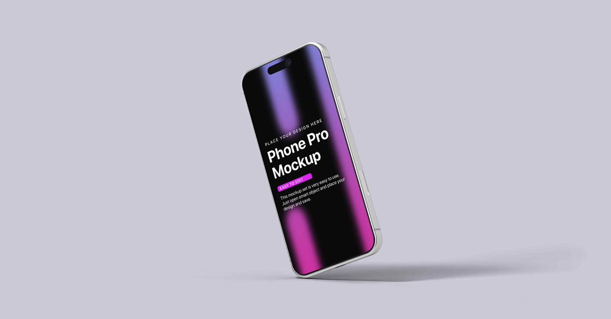 Tilted Dawn iPhone 17 Pro Mockup Set smartphone casting a shadow on a light purple background, with a gradient screen in black, purple, and pink.