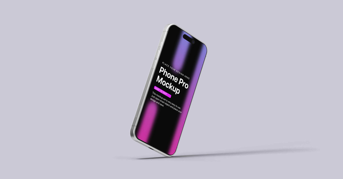 Angled Dawn iPhone 17 Pro Mockup Set smartphone on a light purple background, featuring a metallic frame and gradient screen in purple and black.