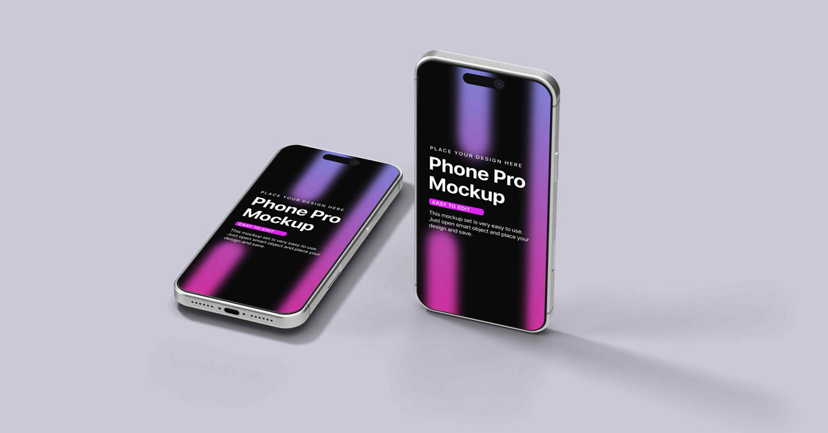 Dawn iPhone 17 Pro Mockup Set featuring two smartphones, one lying flat and one upright, both with gradient screens in purple, pink, and black against a light gray background.