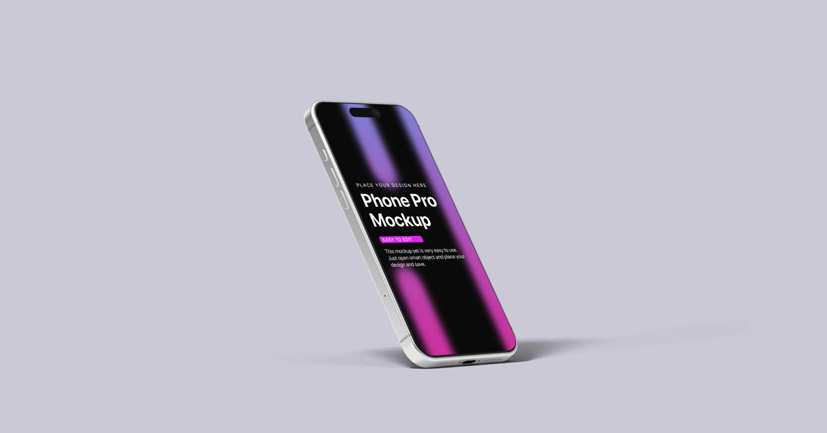 Upright Dawn iPhone 17 Pro Mockup Set smartphone angled on a light purple background, featuring a gradient screen in purple and black.