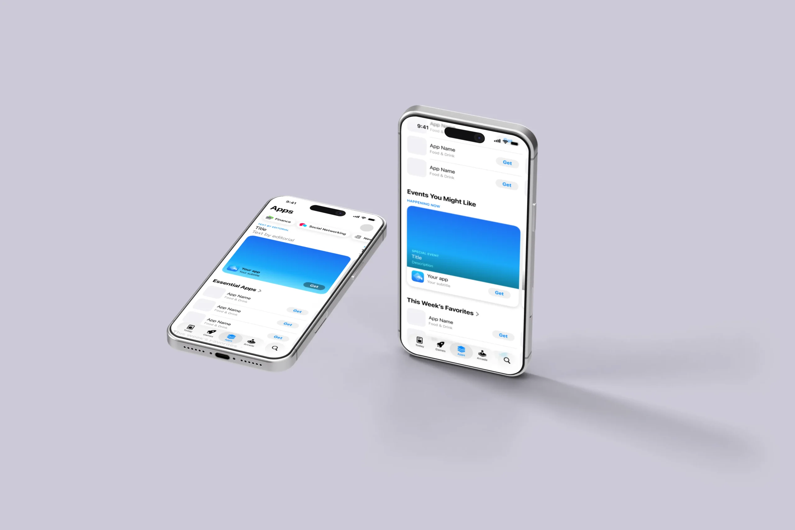 Two iPhone 17 Pro mockup PSDs in Figma showing app store interface with essential apps and favorites