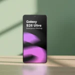 galaxy s26 ultra aesthetic smartphone mockup standing on wooden surface with green wall and plant background
