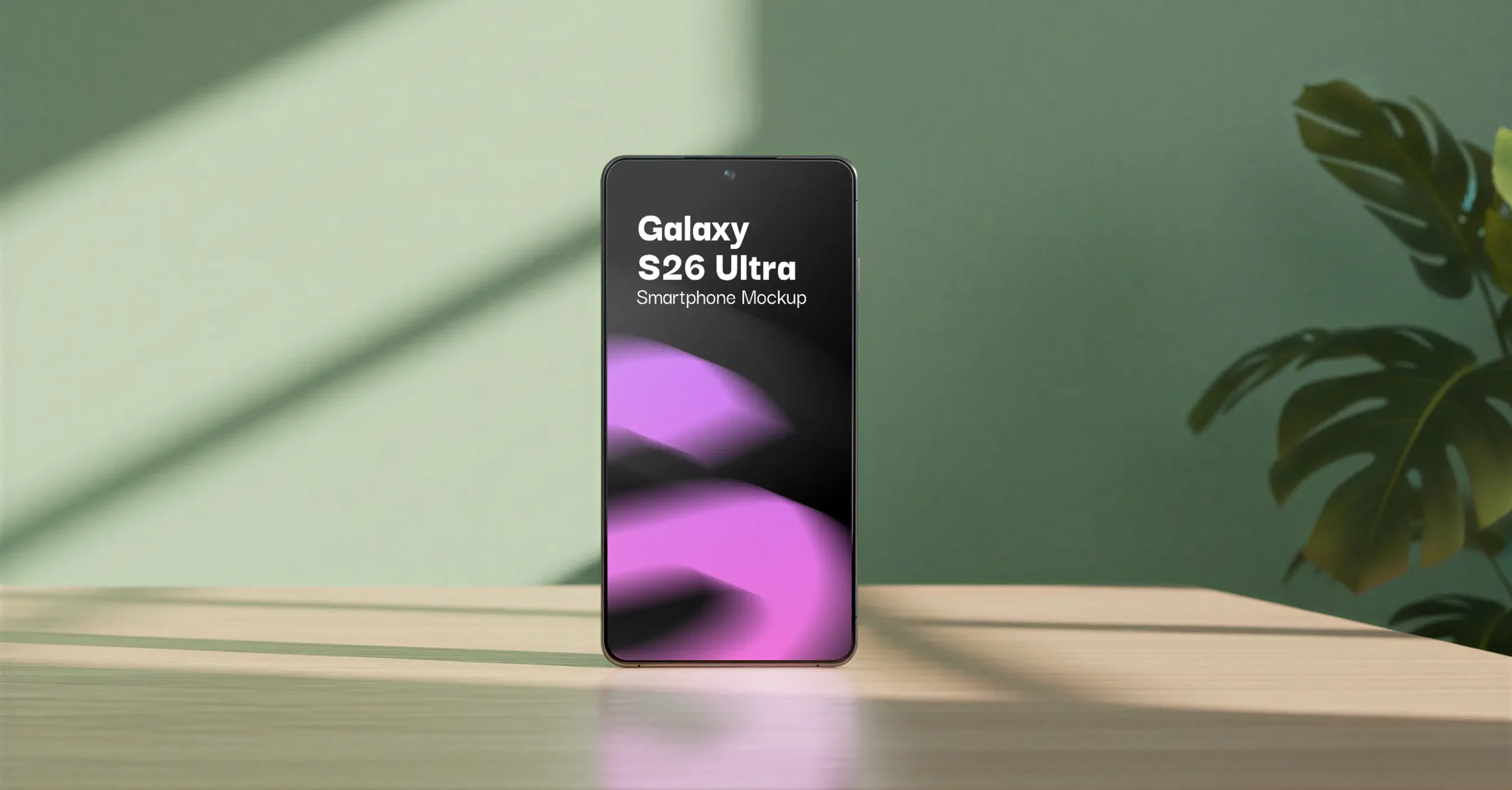 galaxy s26 ultra aesthetic smartphone mockup standing on wooden surface with green wall and plant background