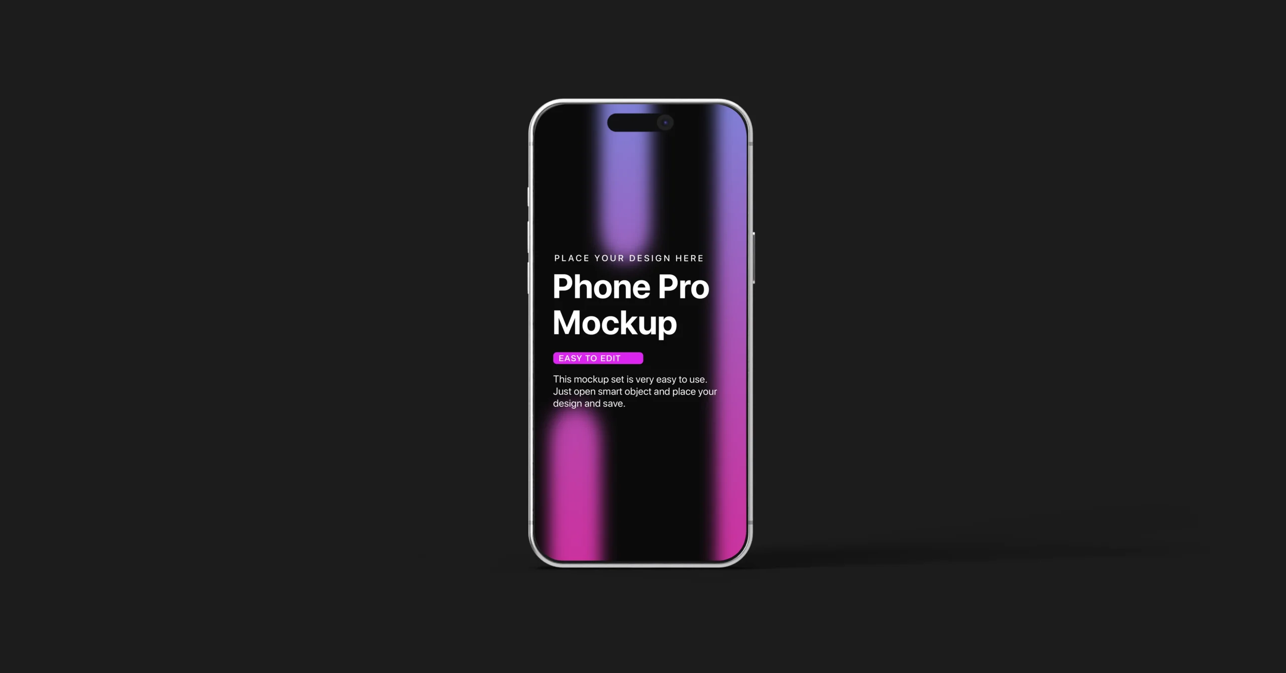 Sleek iPhone 17 Pro mockup with purple-pink gradient reflection on dark background, perfect for presenting mobile app or UI designs.