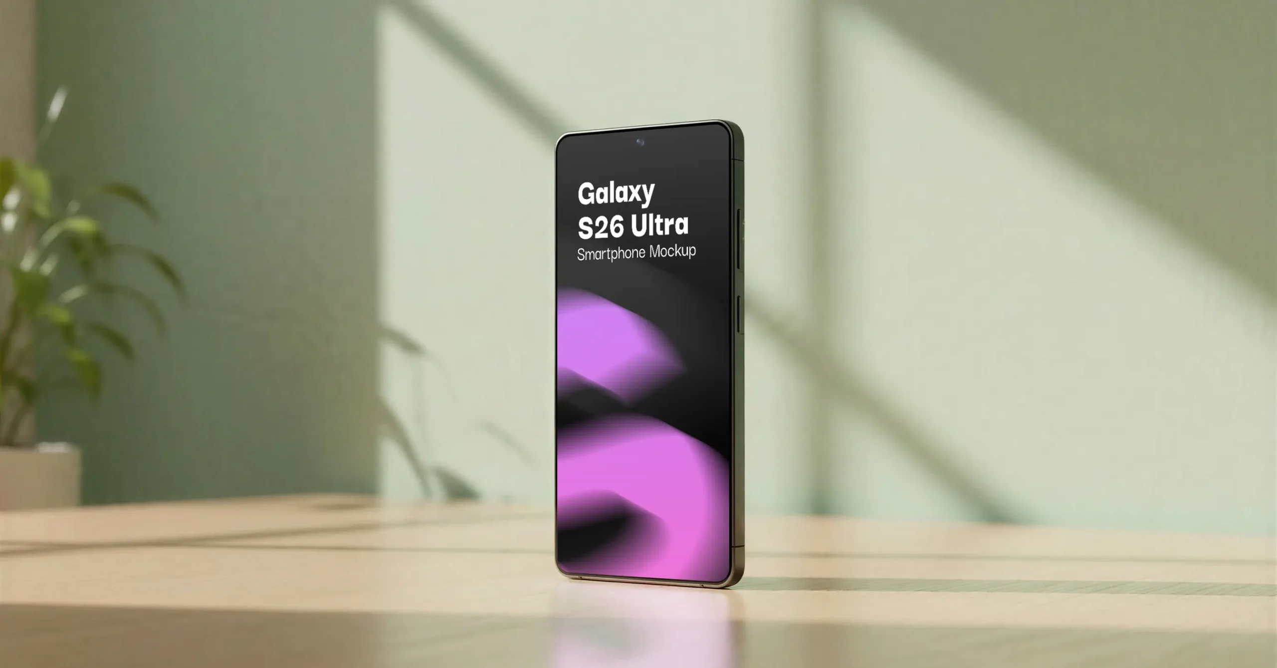 Galaxy S26 Ultra aesthetic smartphone mockup on wooden surface with green wall and plant background