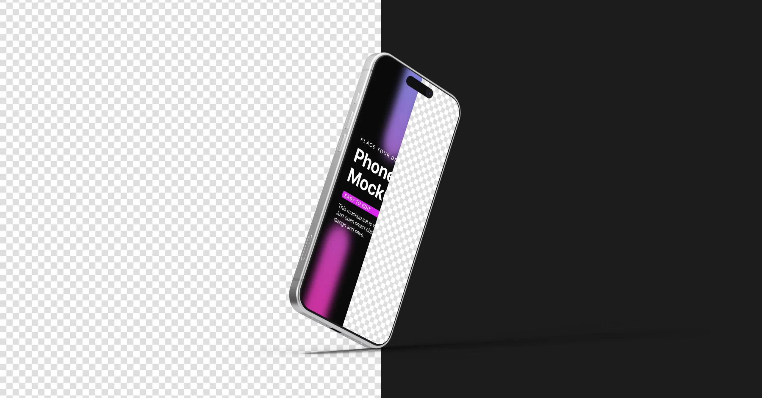 Angled iPhone 17 Pro mockup with gradient screen on split transparent and black background, ideal for showcasing app or UI design.