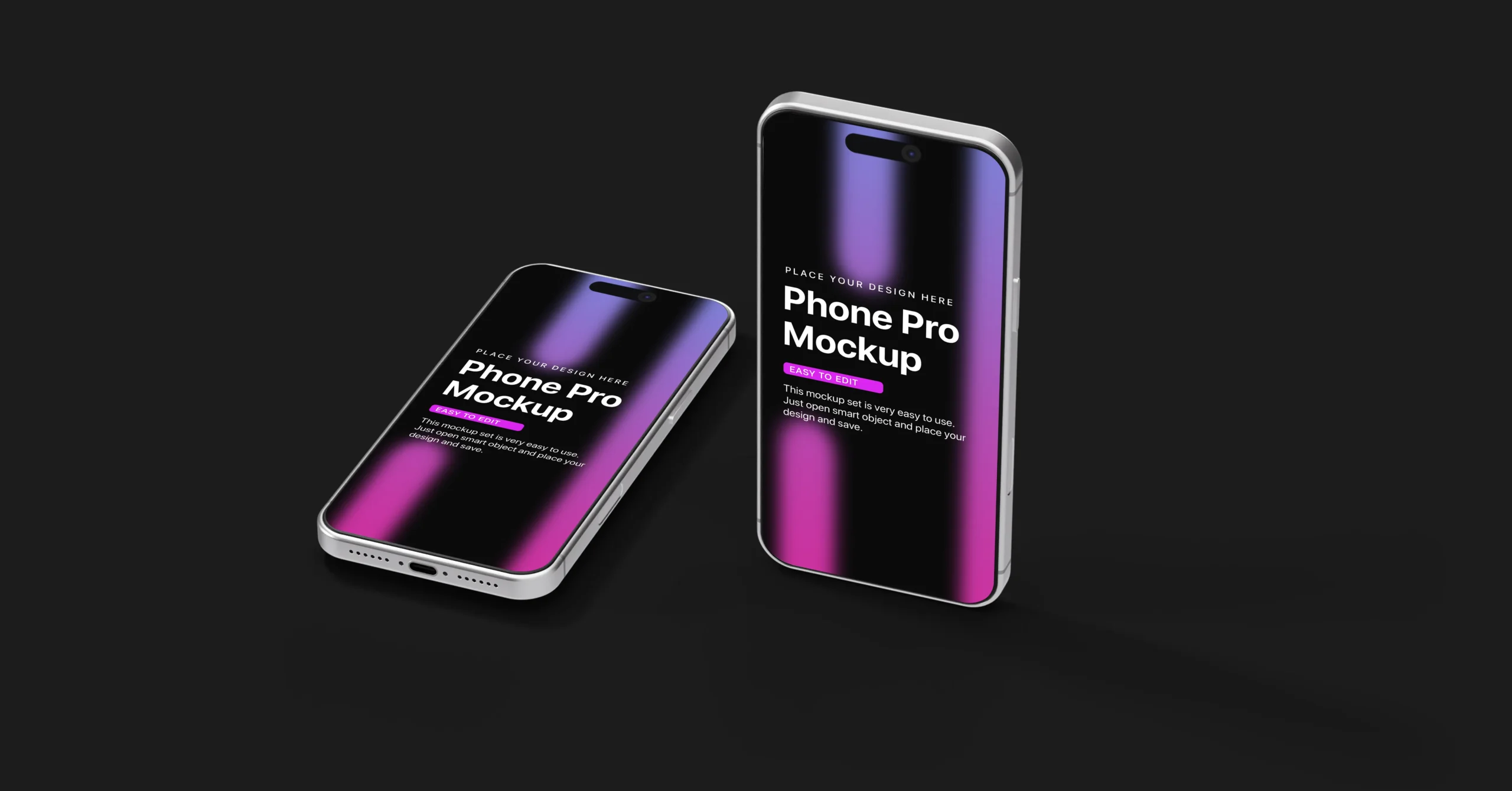 Two iPhone 17 Pro mockups on dark surface, one flat and one upright, with purple-pink gradient screens for showcasing app or UI designs.