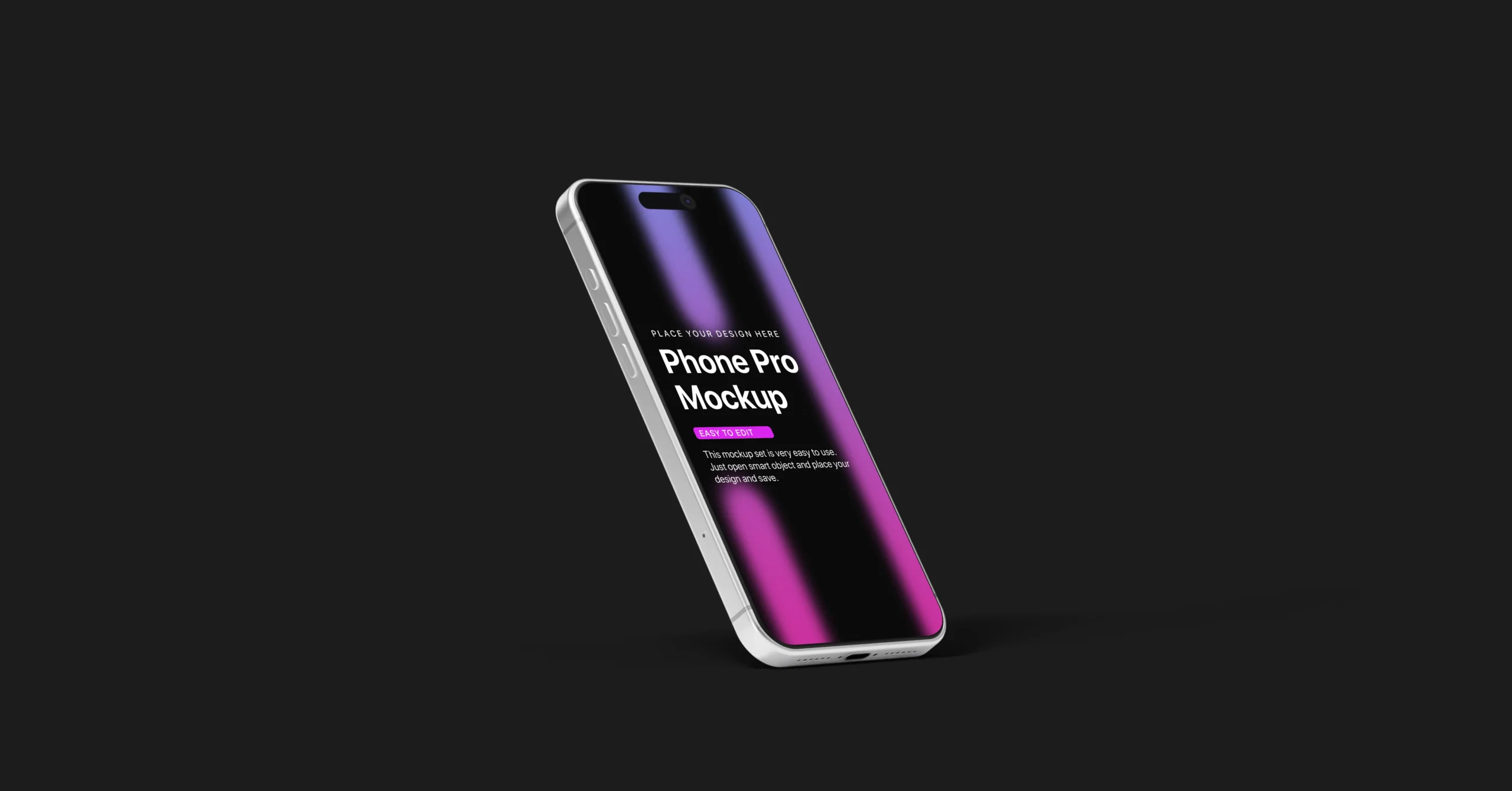 Angled iPhone 17 Pro mockup with metallic frame and purple-pink gradient screen on dark background, ideal for showcasing app or UI designs.