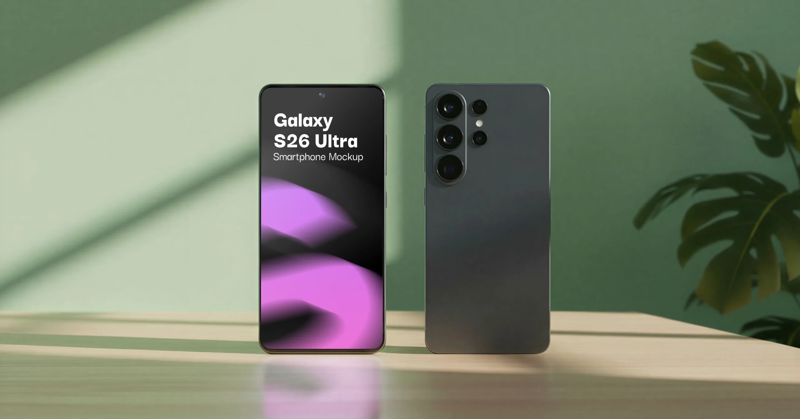 Galaxy S26 Ultra aesthetic smartphone mockup showing front display and back camera design on wooden surface with green background and plant