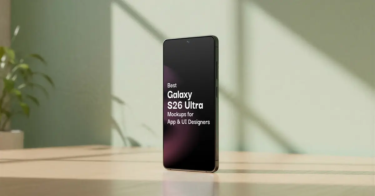 Best Galaxy S26 Ultra mockups for app and UI designers 2026 smartphone standing on wooden surface with plant and green background