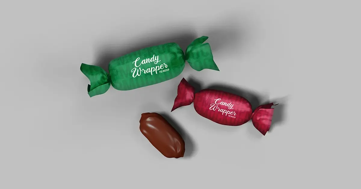 candy wrapper mockup with red and green packaging and chocolate candy