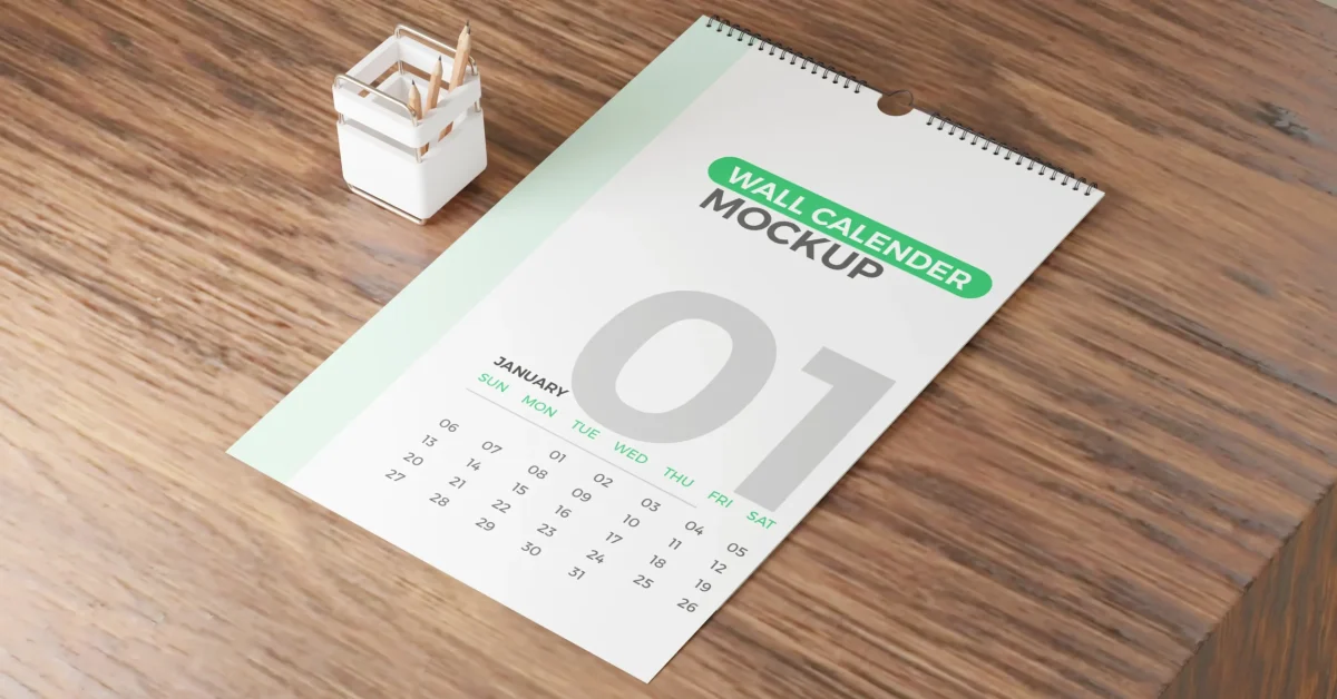 wall calendar mockup on wooden desk with January layout and pencil holder